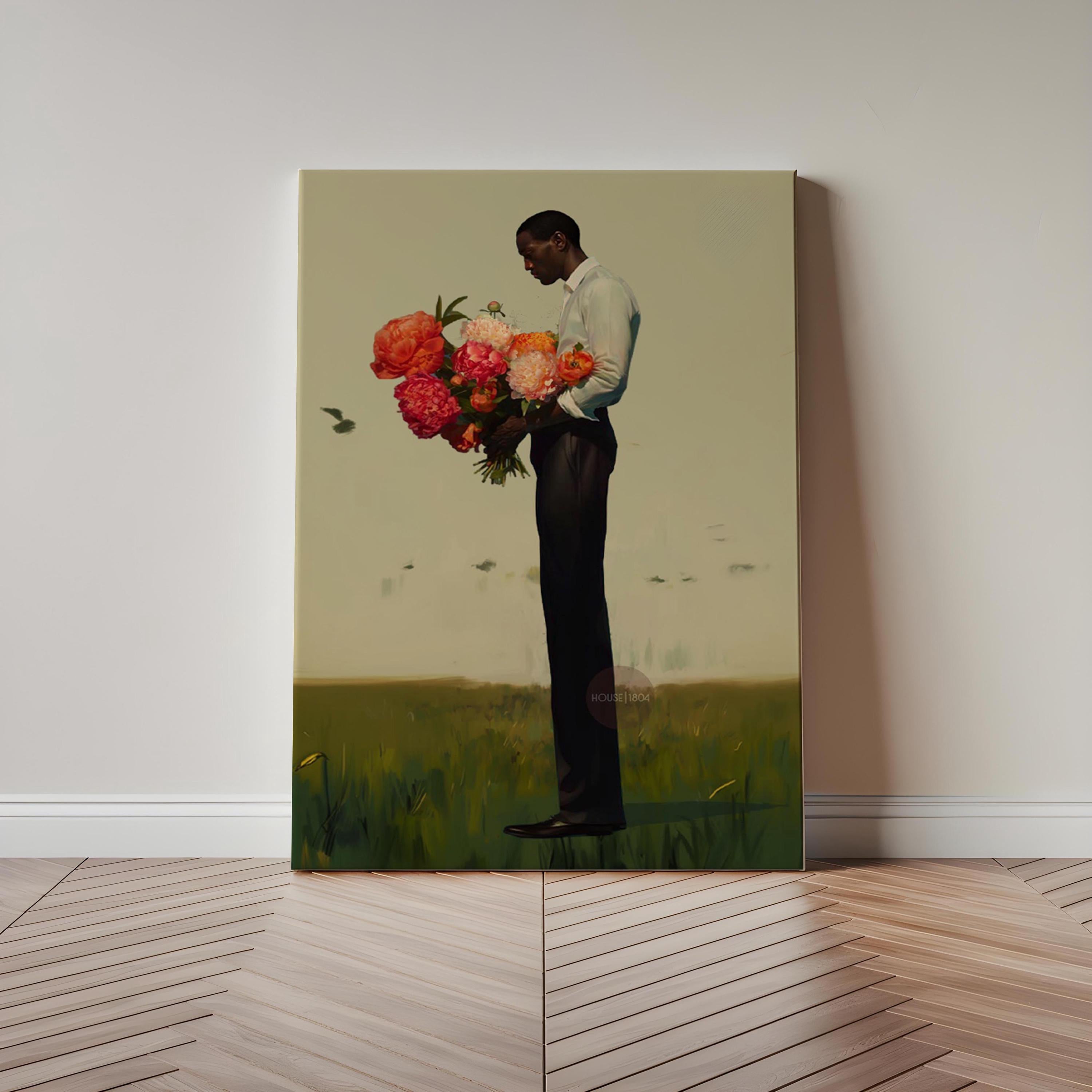 Black Man Flower Canvas Art Print: Floral Portrait Framed