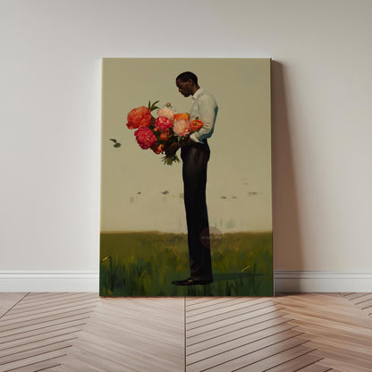 Black Man Flower Canvas Art Print: Floral Portrait Framed