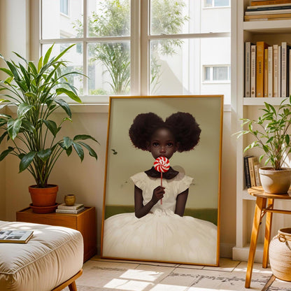 Little Black Girl Wall Art, Lollipop Art, Black Girl Princess Art