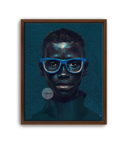 Modern Black Boy Art, Blue Portrait Art Fine Print Canvas | Framed or Unframed