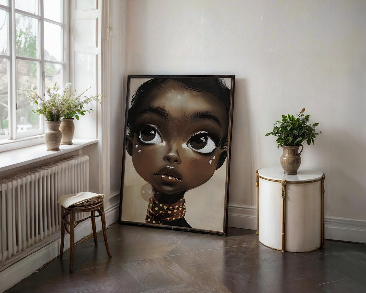 Black Girl Wall Art, Surreal Big Eye Portrait Print, Canvas Framed and Framed