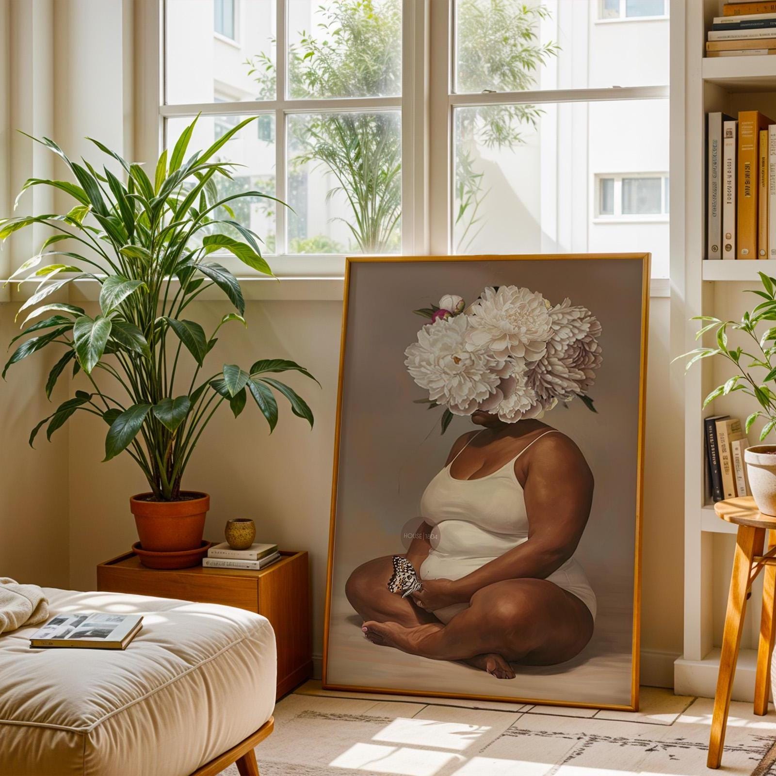 Curvy Black Woman Meditation Canvas: Flower Head Art, Positive Body Art Print