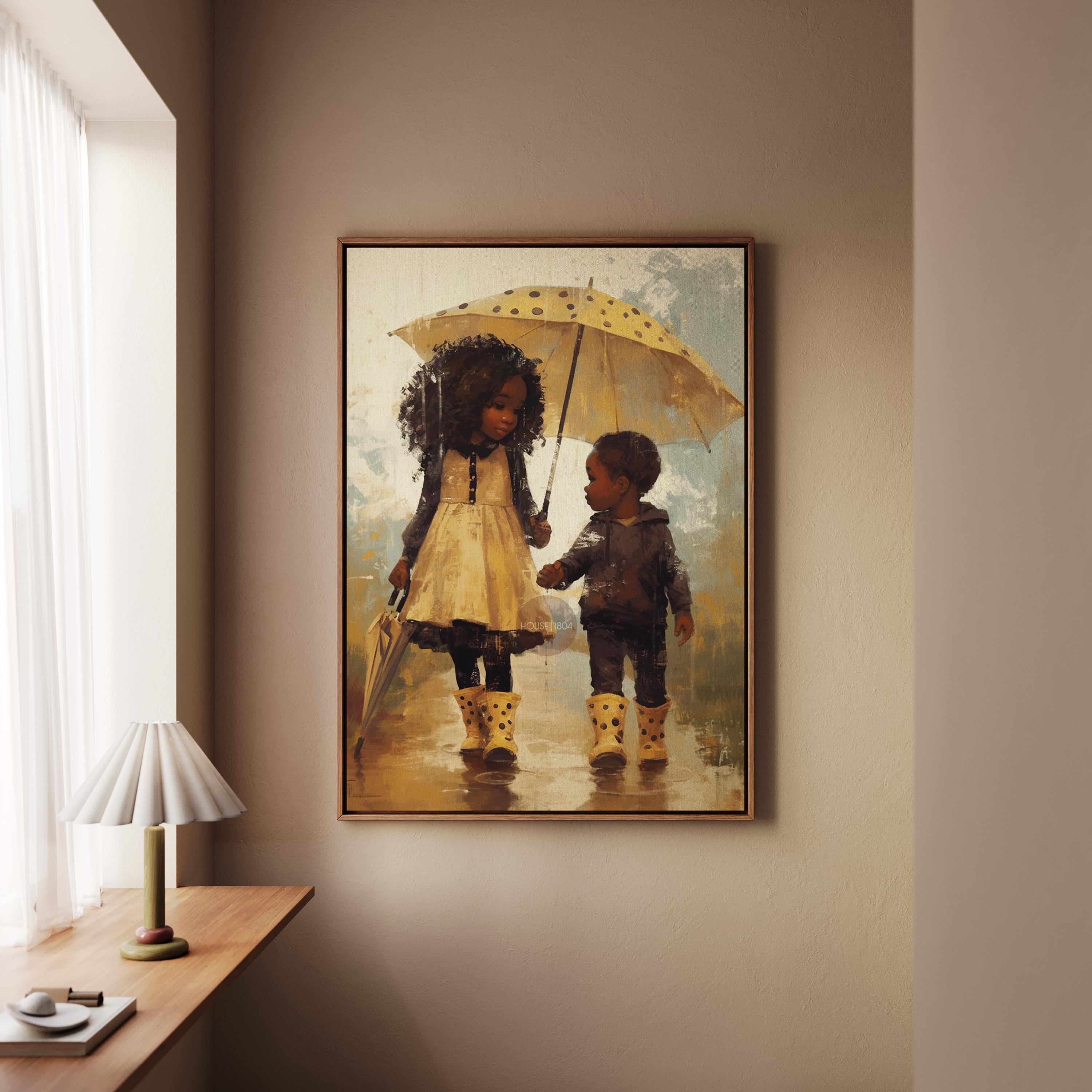Black Sibling Art Print: Brother and Sister in Rain