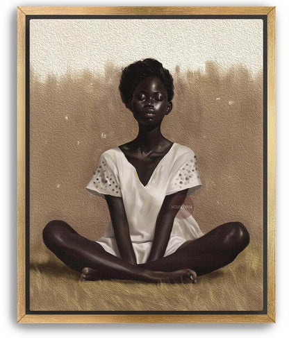 Black Woman Relaxing Wall Art – Afrocentric Canvas, Melanin Decor, Beige Luxury Print