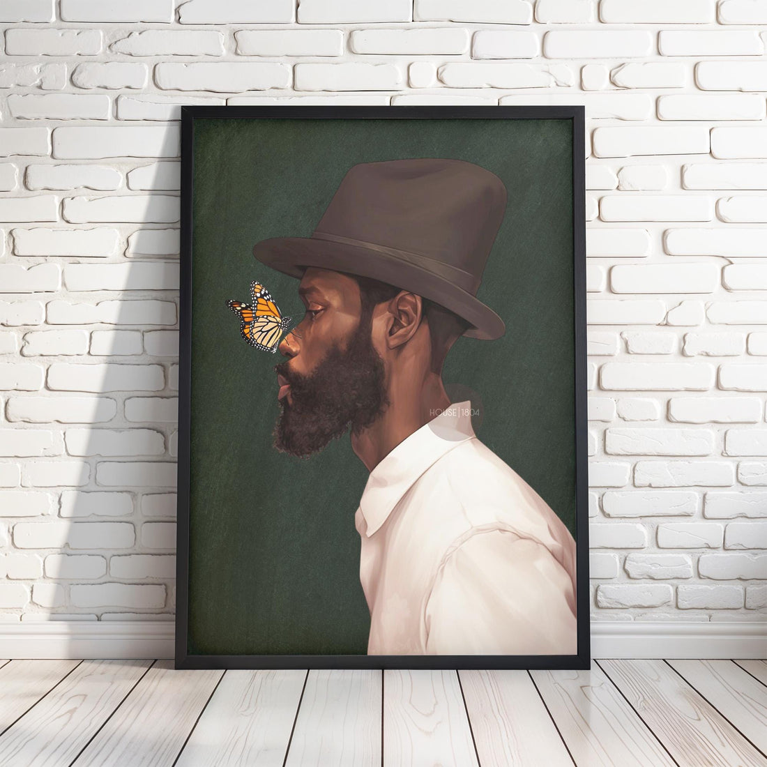 Black Man Side Top Hat Art Print: Butterfly, Afrocentric Green Art Decor