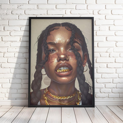 Black Girl Canvas Artwork: African American Grillz Art Print, Urban Boho Neutral Decor