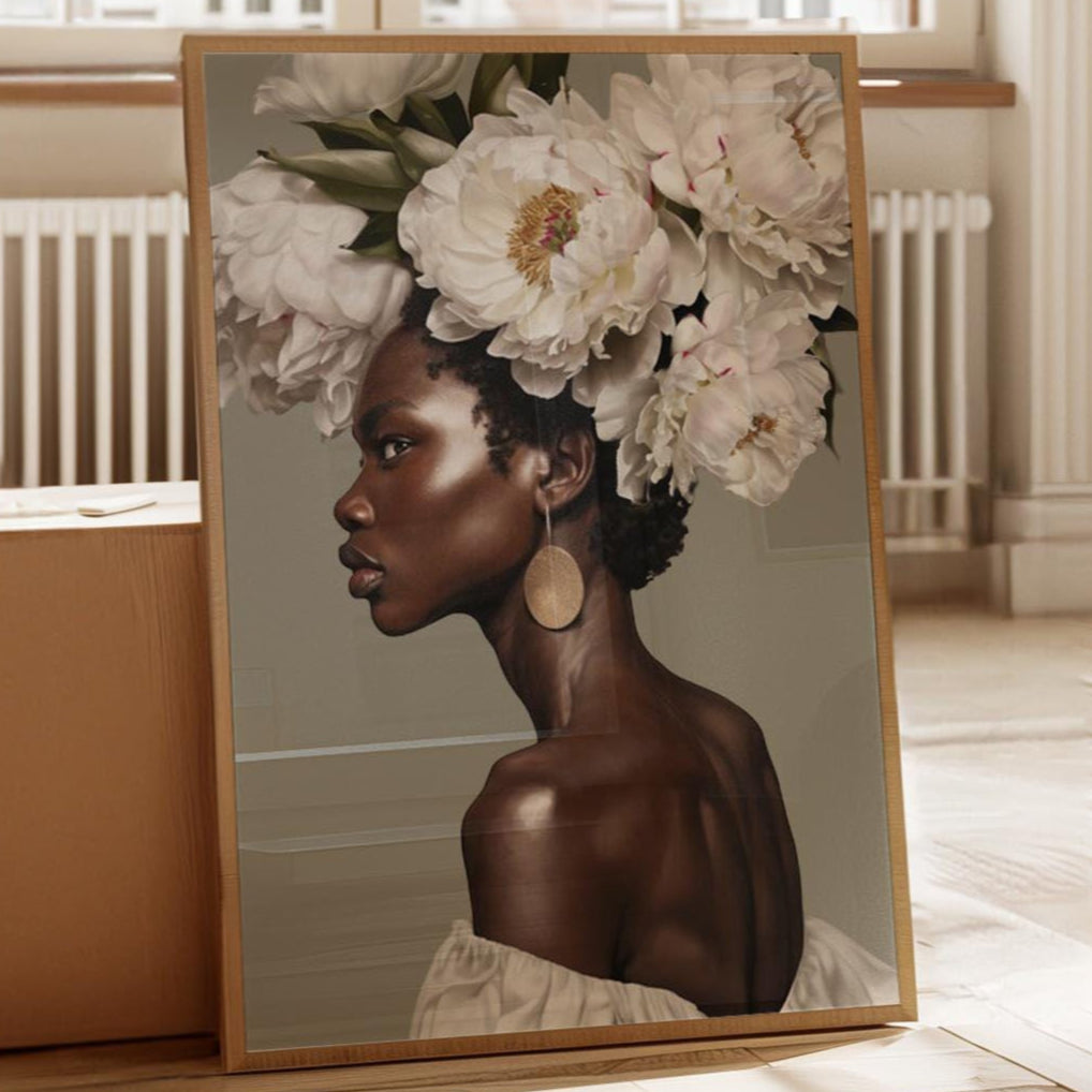 Black Woman Head Flowers, Black Woman Art Print, Gift for Black Women, Black Woman Boho Wall Art, Black Art Poster, Black Woman Floral Art