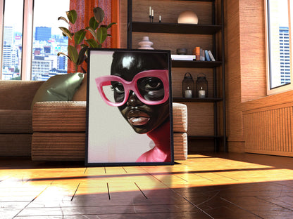 Black Woman Wall Art, Vintage Glasses, Afrocentric Glamour Canvas Print, Pink