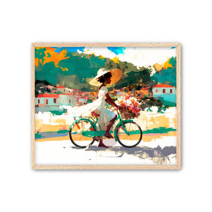 Bicycle Art, Black Woman Riding Bike, Black Girls Riding Bikes, Black Woman Art Print, Colorful Black Women Art, Caribbean Countryside Art