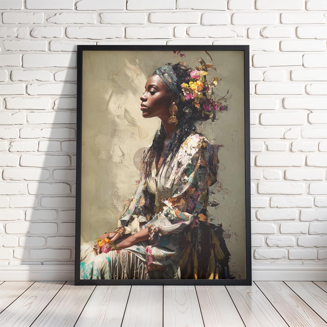 Black Woman Portrait Art Print: Modern African American Beige Background