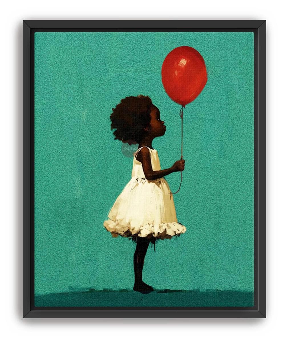 Little Black Girl Art, Joyful Balloon Nursery Canvas Print Framed
