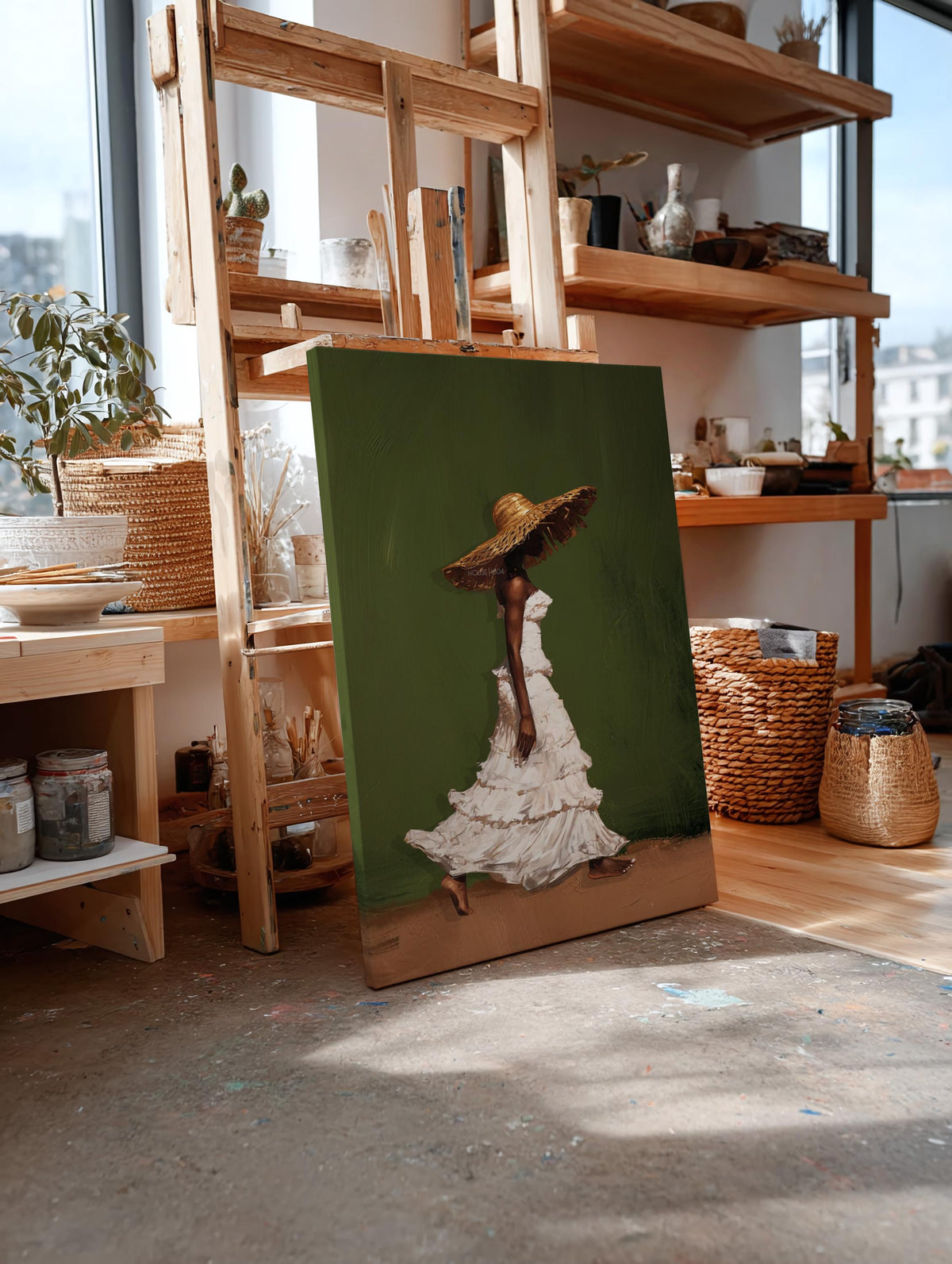 Afrocentric Wall Art, Black Woman Olive Green Boho Portrait Print