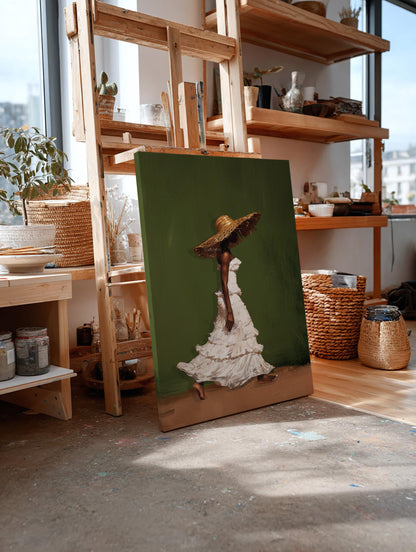 Afrocentric Wall Art, Black Woman Olive Green Boho Portrait Print