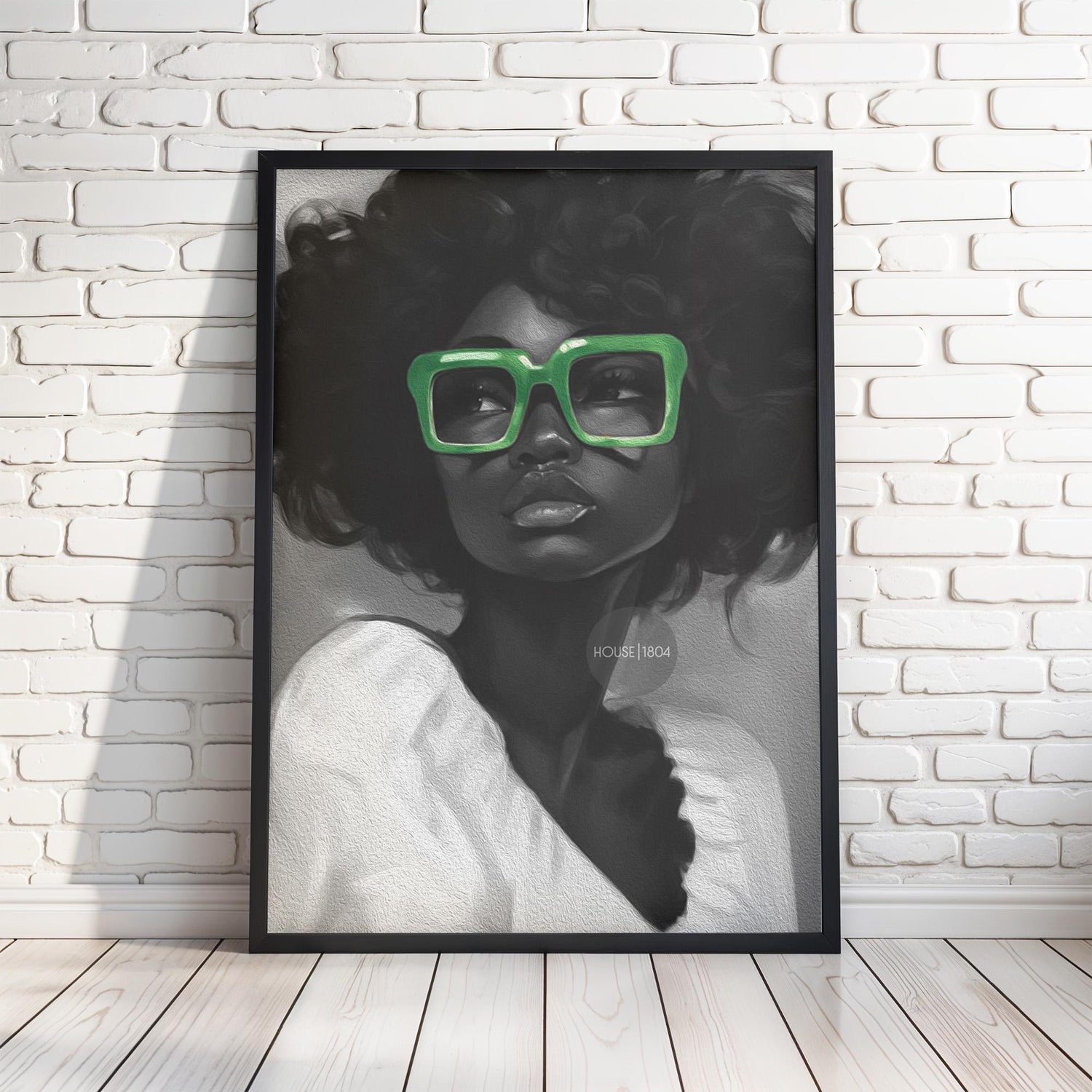 Black Woman Canvas Art - Bold Green Glasses Framed Black and White Portrait Print