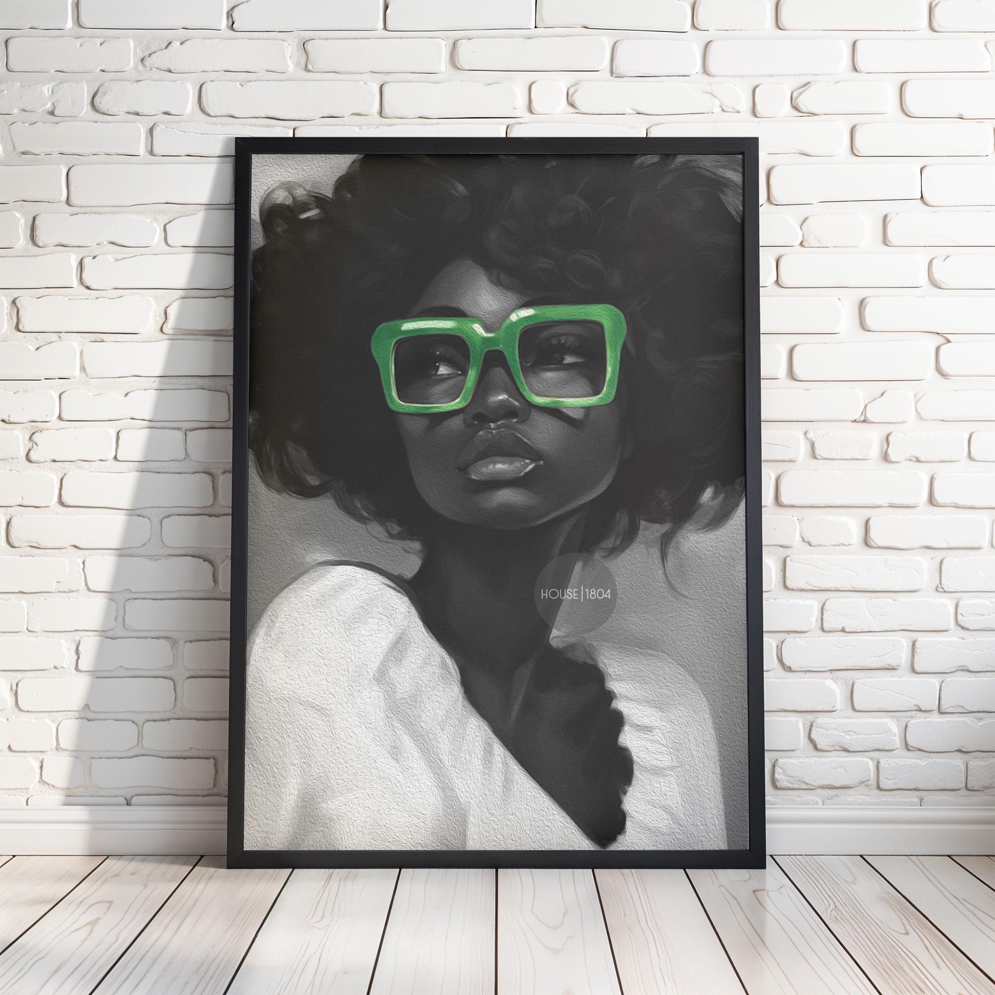 Black Woman Canvas Art - Bold Green Glasses Framed Black and White Portrait Print