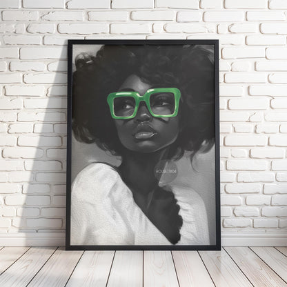 Black Woman Canvas Art - Bold Green Glasses Framed Black and White Portrait Print