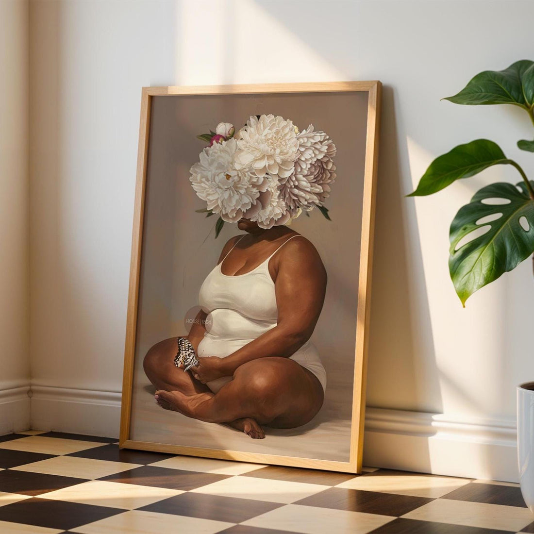 Curvy Black Woman Meditation Canvas: Flower Head Art, Positive Body Art Print