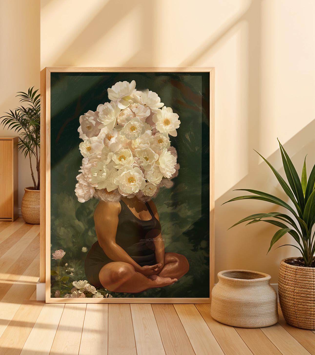 Curvy Black Woman Meditation: Meditative Wall Art Green