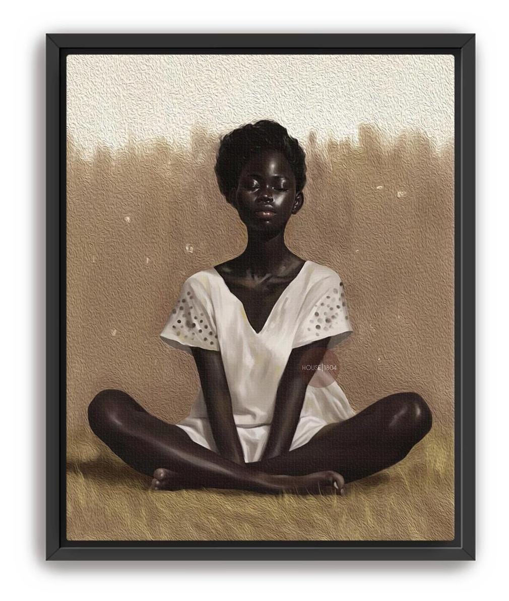 Black Woman Relaxing Wall Art – Afrocentric Canvas, Melanin Decor, Beige Luxury Print
