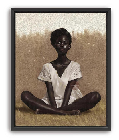 Black Woman Relaxing Wall Art – Afrocentric Canvas, Melanin Decor, Beige Luxury Print