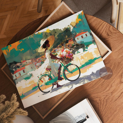 Bicycle Art, Black Woman Riding Bike, Black Girls Riding Bikes, Black Woman Art Print, Colorful Black Women Art, Caribbean Countryside Art