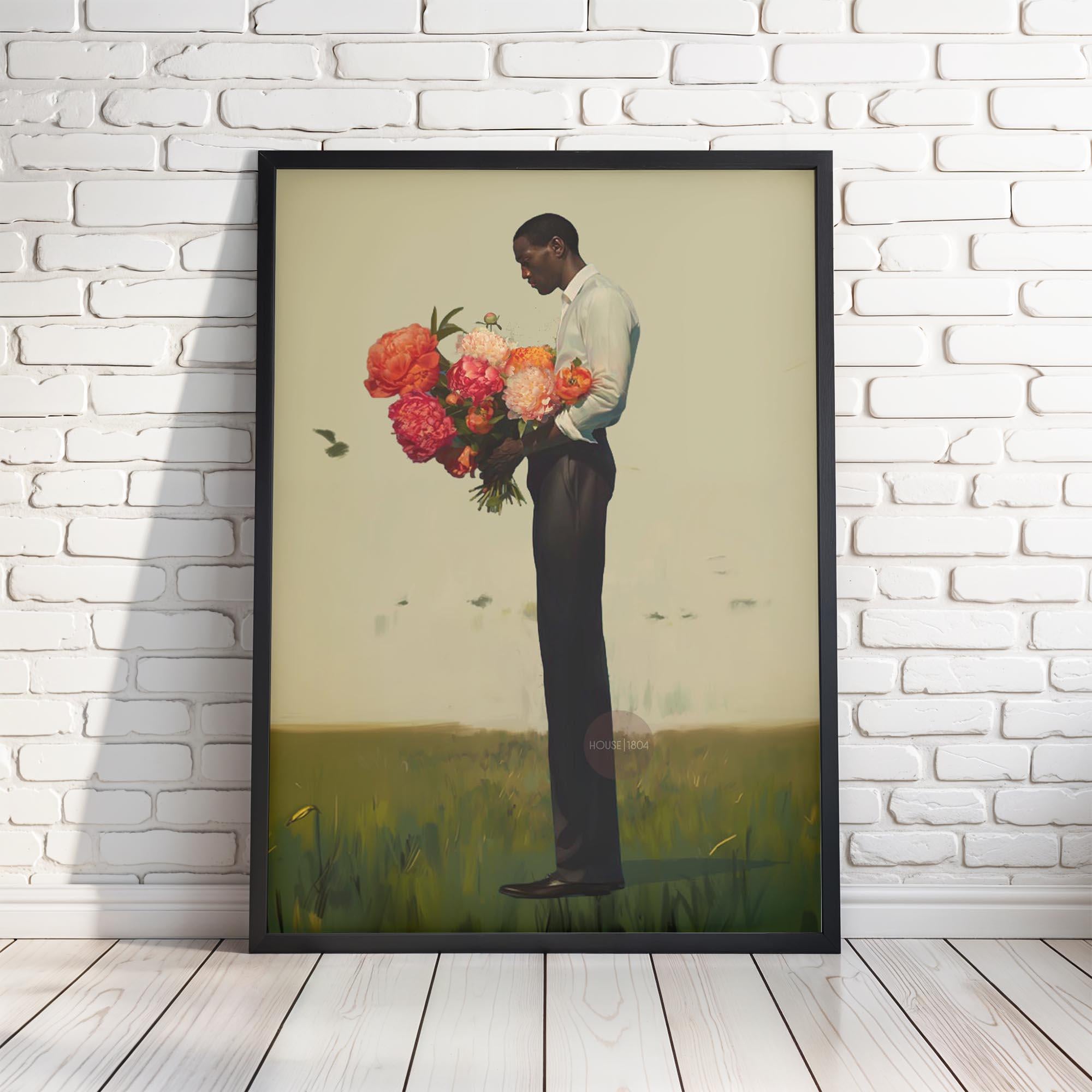 Black Man Flower Canvas Art Print: Floral Portrait Framed