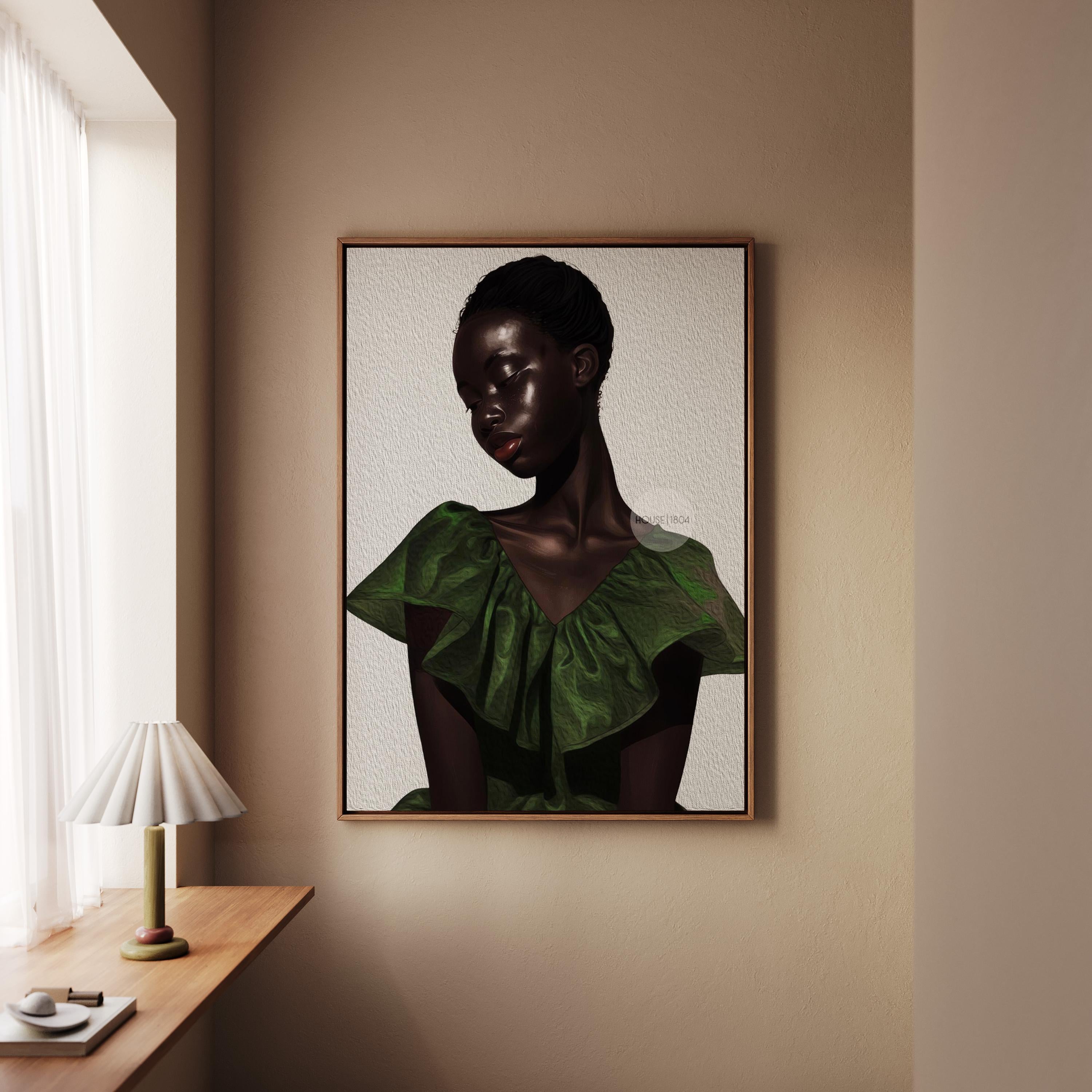 a framed portrait of a woman with dark hair and a green dress, hanging on a wall in a room with a window and a wooden table.