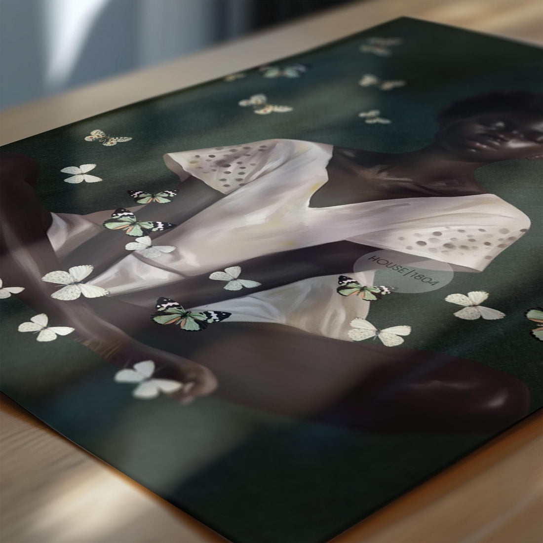 Black Woman Wall Art – Deep Green Serene Art Print With White Butterfly Portrait