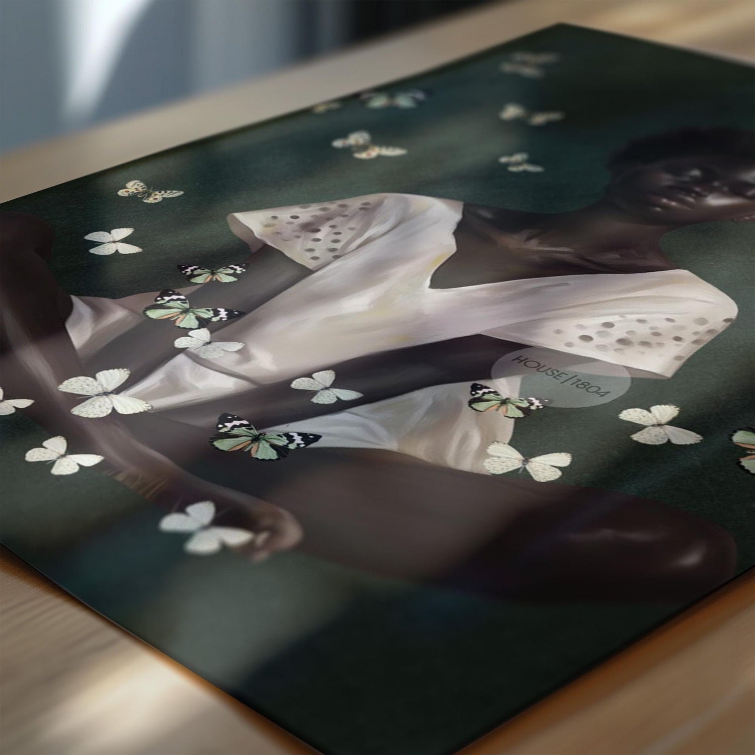 Black Woman Wall Art – Deep Green Serene Art Print With White Butterfly Portrait
