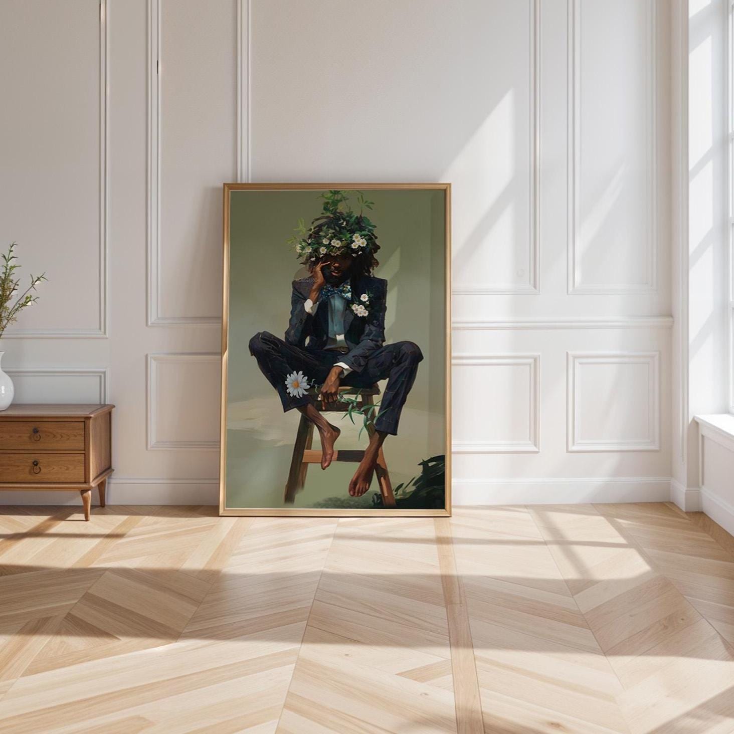 Black Man Floral Wall Art, Abstract Male Portrait, Contemporary Modern Canvas Print, Male Abstract Moody Wall Framed Print