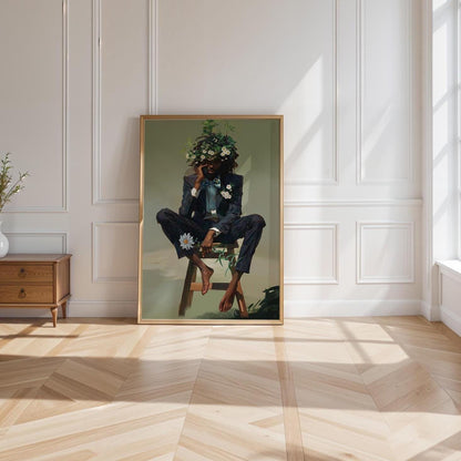 Black Man Floral Wall Art, Abstract Male Portrait, Contemporary Modern Canvas Print, Male Abstract Moody Wall Framed Print