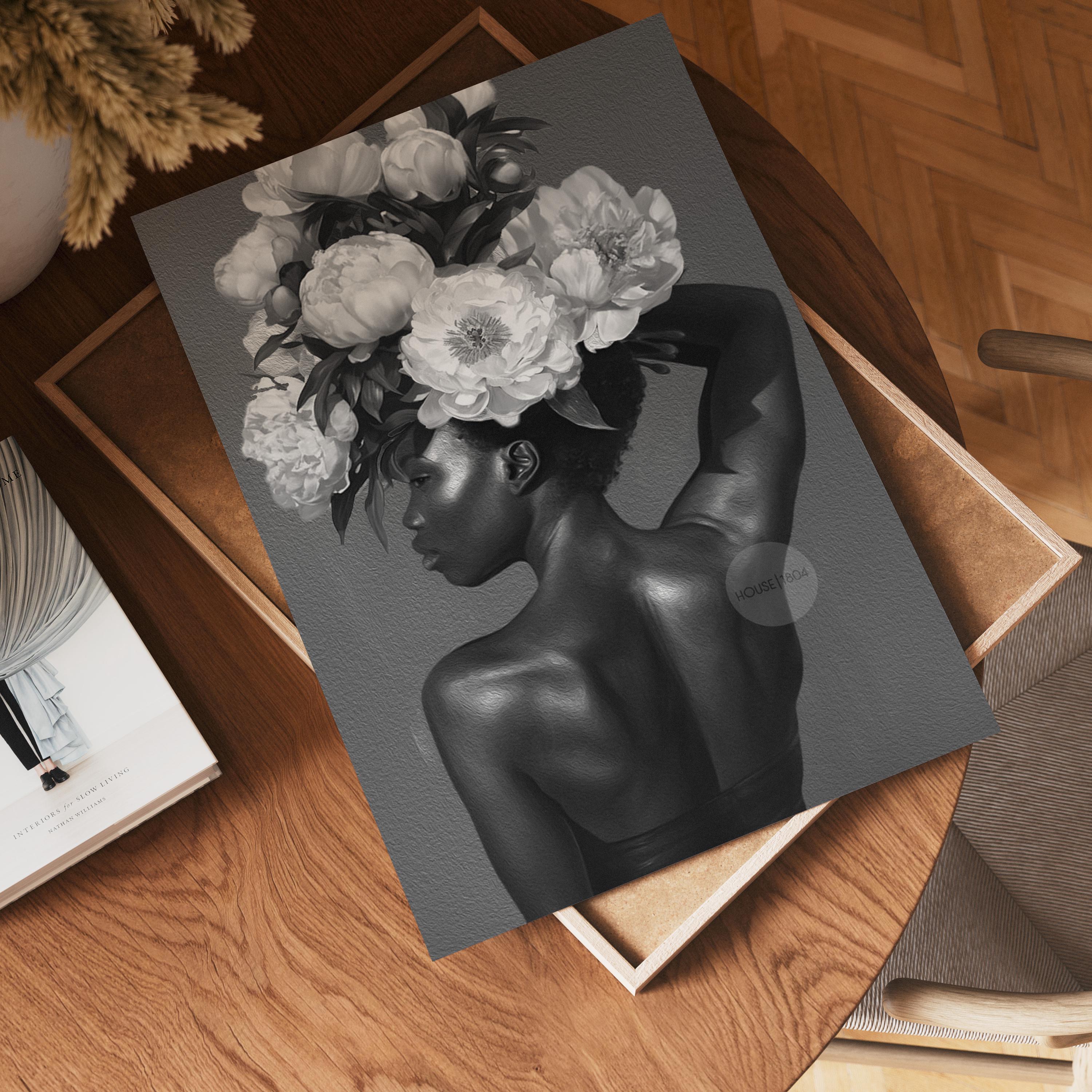 Black and White Black Woman Flower Art Print