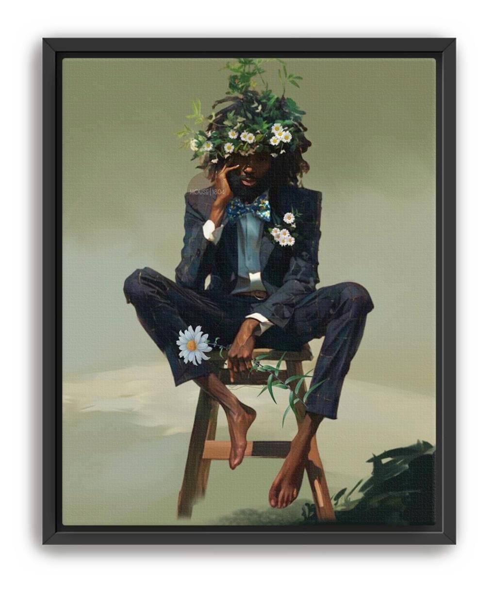 Black Man Floral Wall Art, Abstract Male Portrait, Contemporary Modern Canvas Print, Male Abstract Moody Wall Framed Print