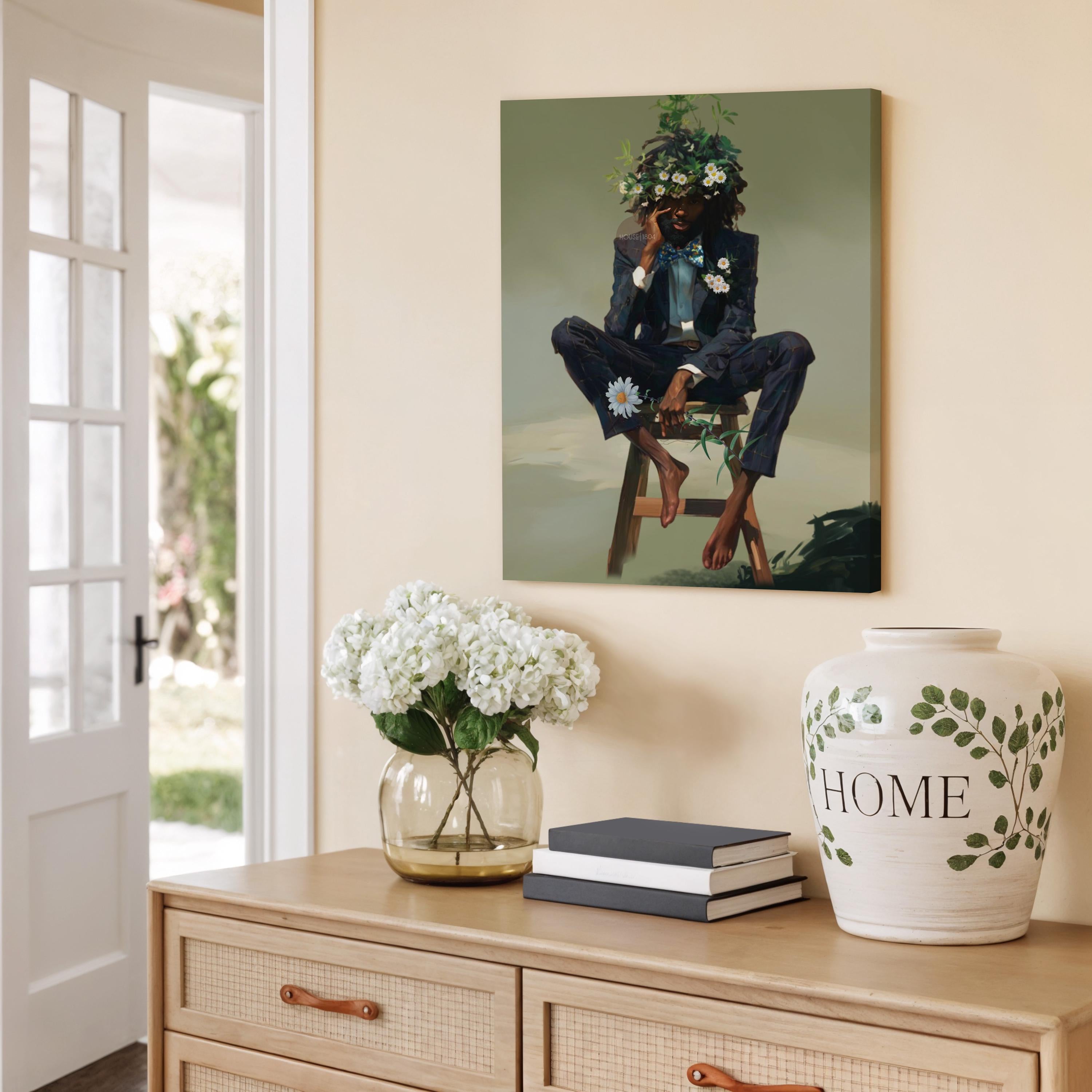 Black Man Floral Wall Art, Abstract Male Portrait, Contemporary Modern Canvas Print, Male Abstract Moody Wall Framed Print