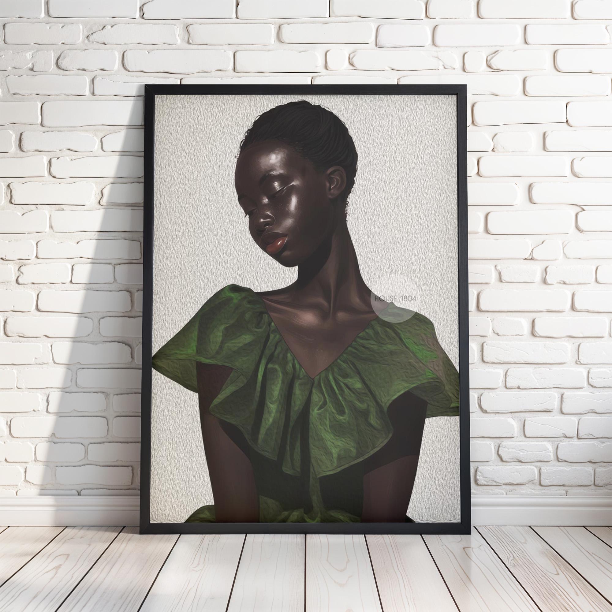 The image is a framed artwork depicting a woman with dark skin wearing a green dress.