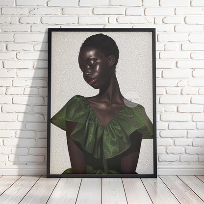 The image is a framed artwork depicting a woman with dark skin wearing a green dress.
