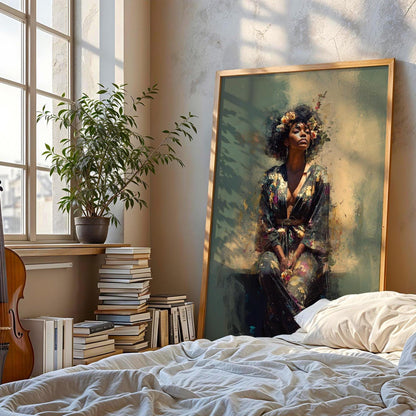 Bohemian Black Woman Art: Watercolor Canvas Portrait