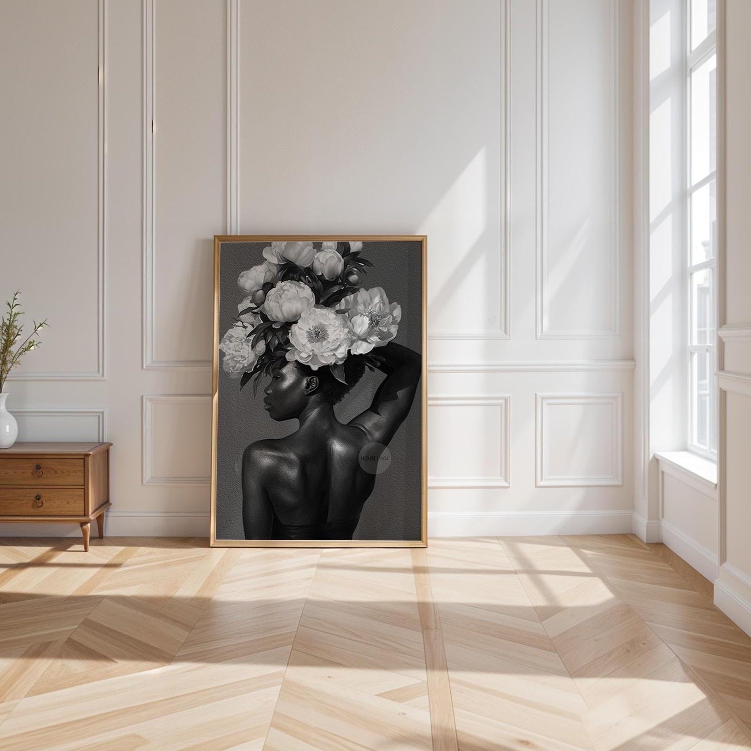 Black and White Black Woman Flower Art Print