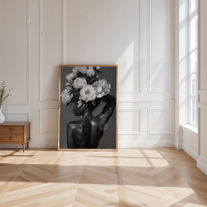 Black and White Black Woman Flower Art Print
