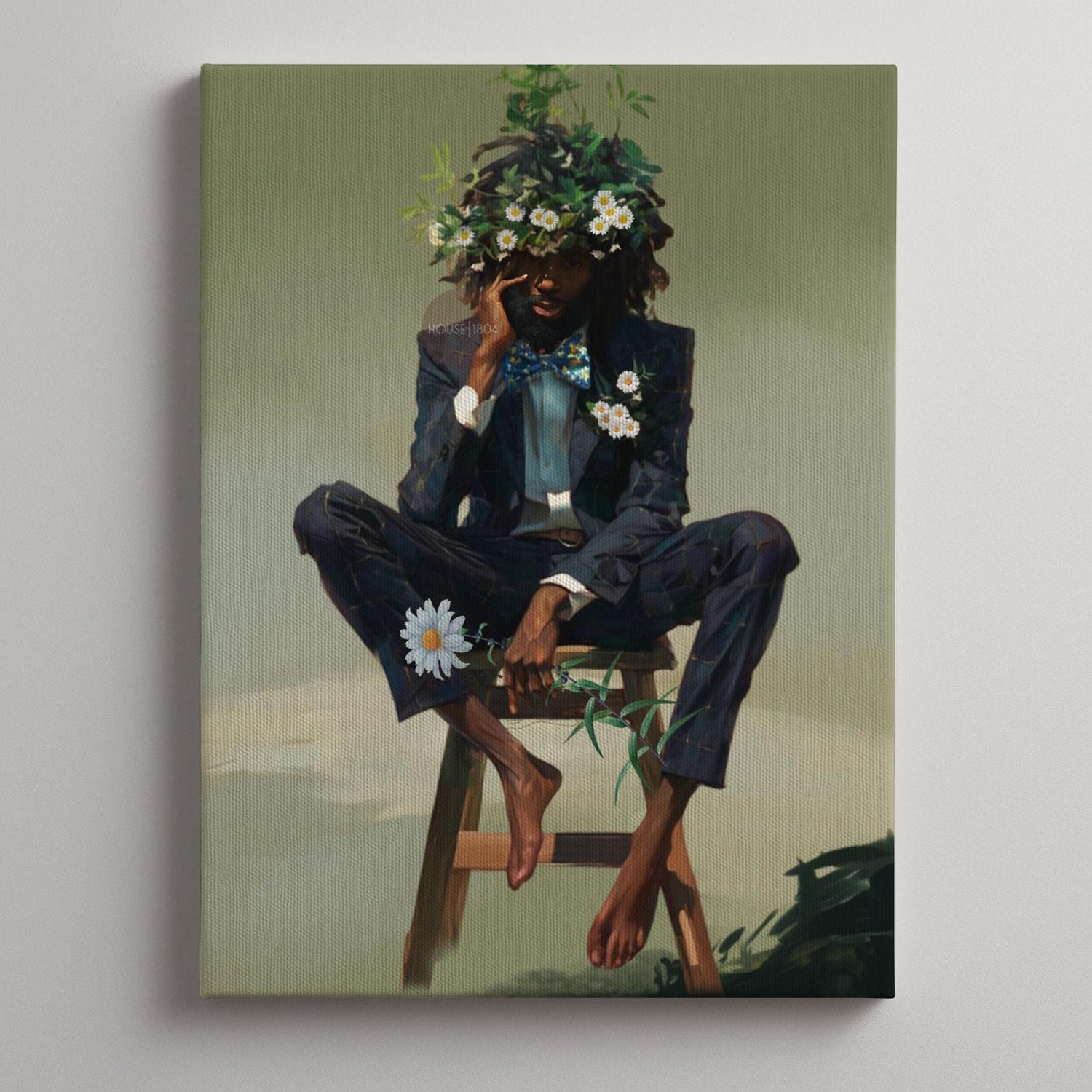 Black Man Floral Wall Art, Abstract Male Portrait, Contemporary Modern Canvas Print, Male Abstract Moody Wall Framed Print