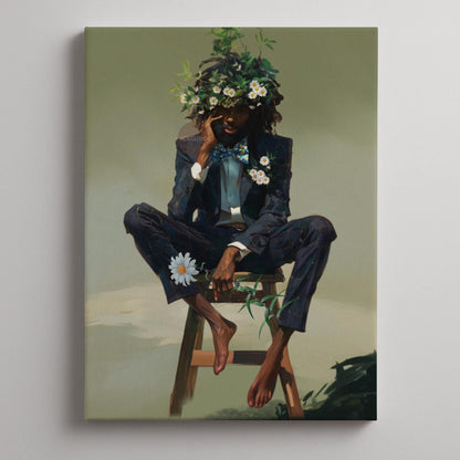 Black Man Floral Wall Art, Abstract Male Portrait, Contemporary Modern Canvas Print, Male Abstract Moody Wall Framed Print