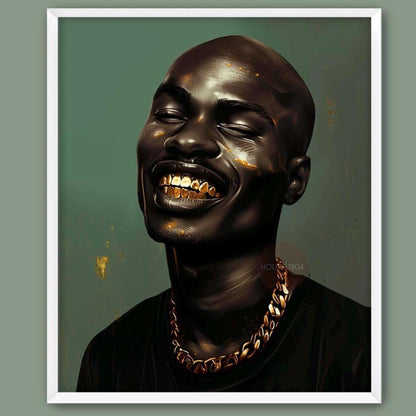 Bald Black Man Art Print: Gold Grillz, Urban African American Modern Art