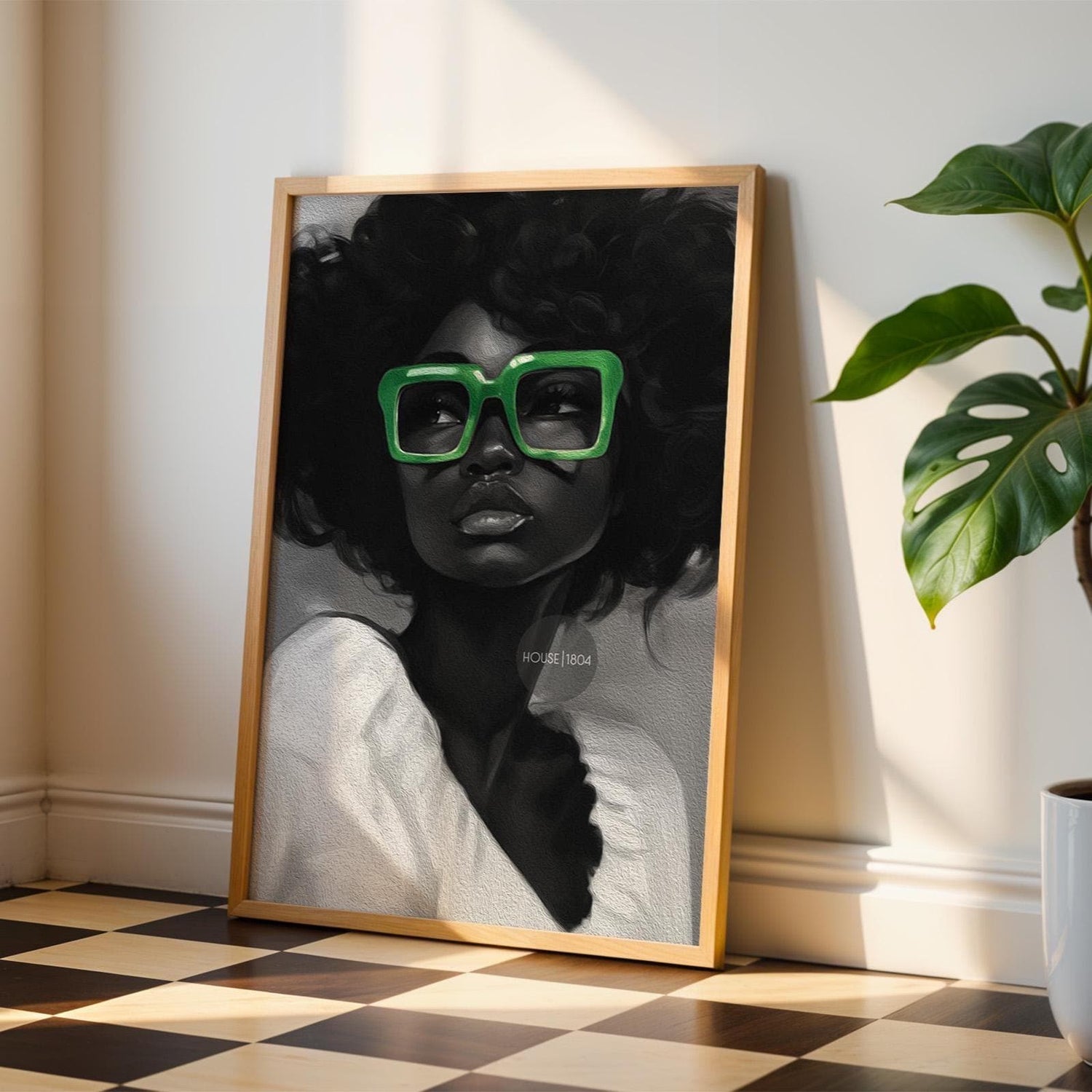 Black Woman Canvas Art - Bold Green Glasses Framed Black and White Portrait Print