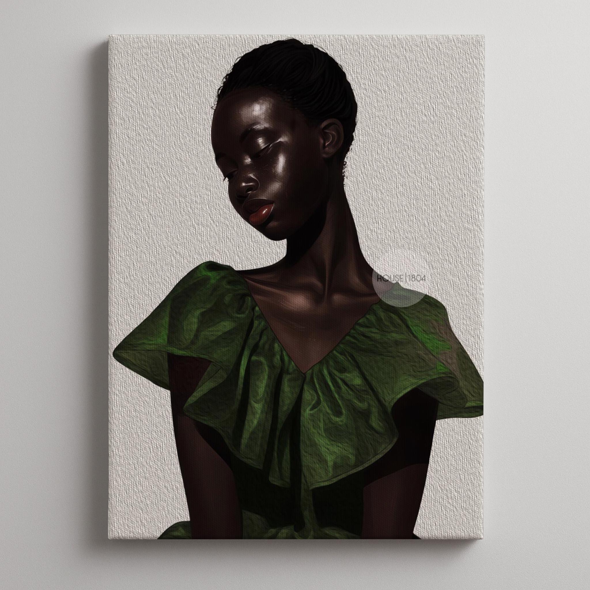 a woman with dark skin wearing a green dress.