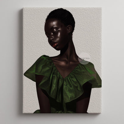 a woman with dark skin wearing a green dress.
