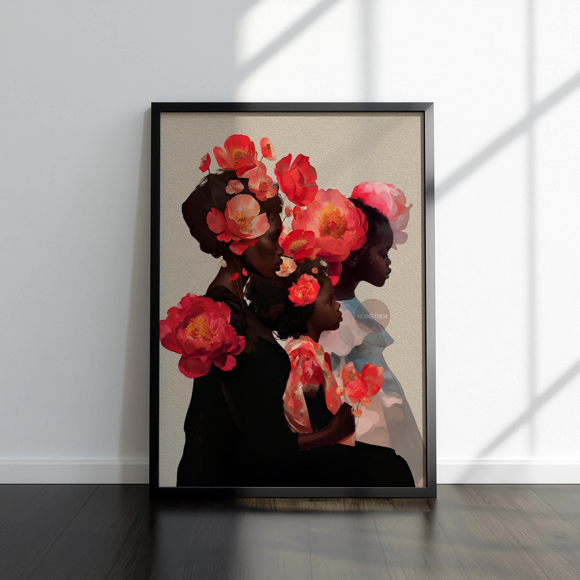Black Mother and Two Daughters Framed Canvas Wall Art Print: