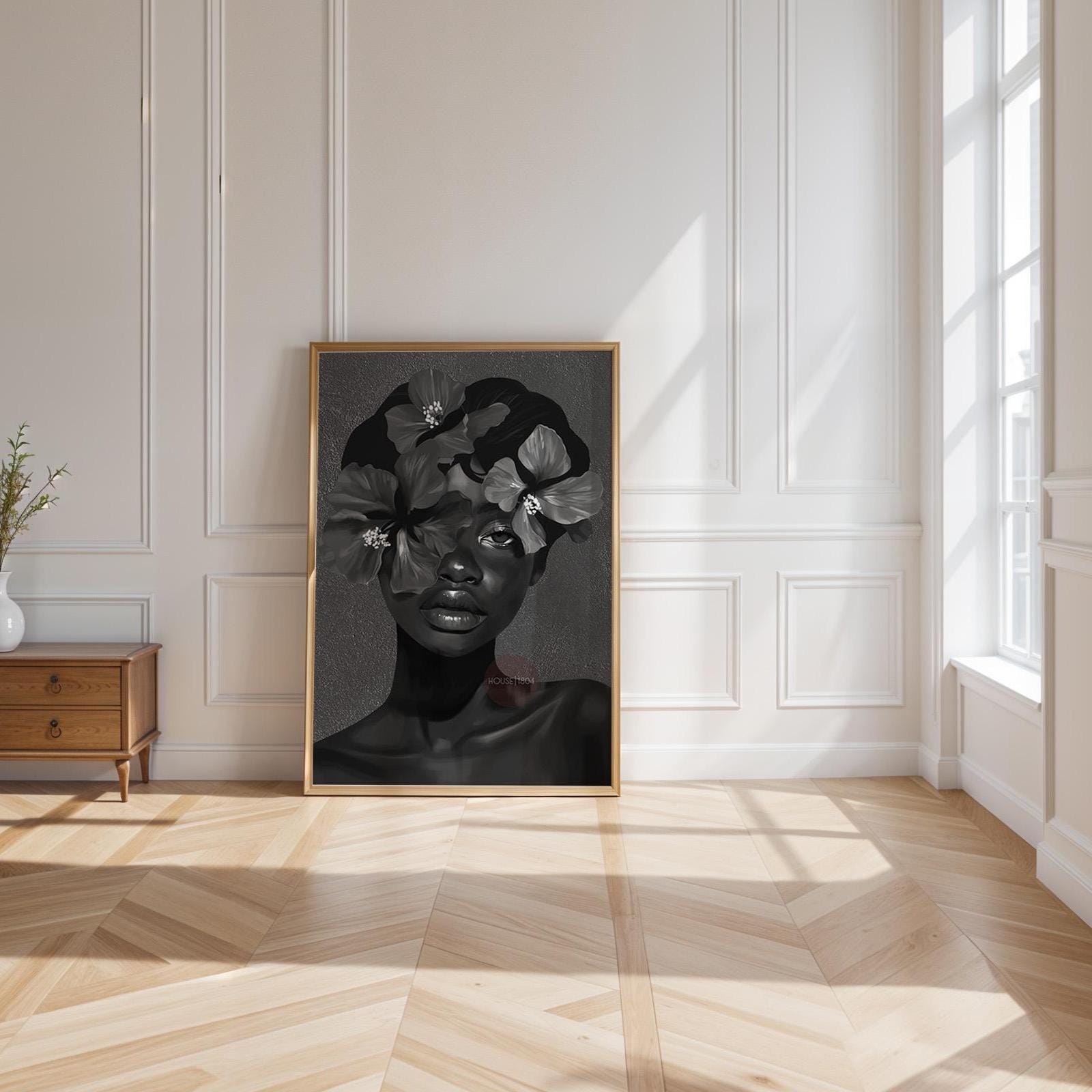 Black Woman Flower Art Print: Monochrome Portrait Wall Art