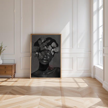 Black Woman Flower Art Print: Monochrome Portrait Wall Art