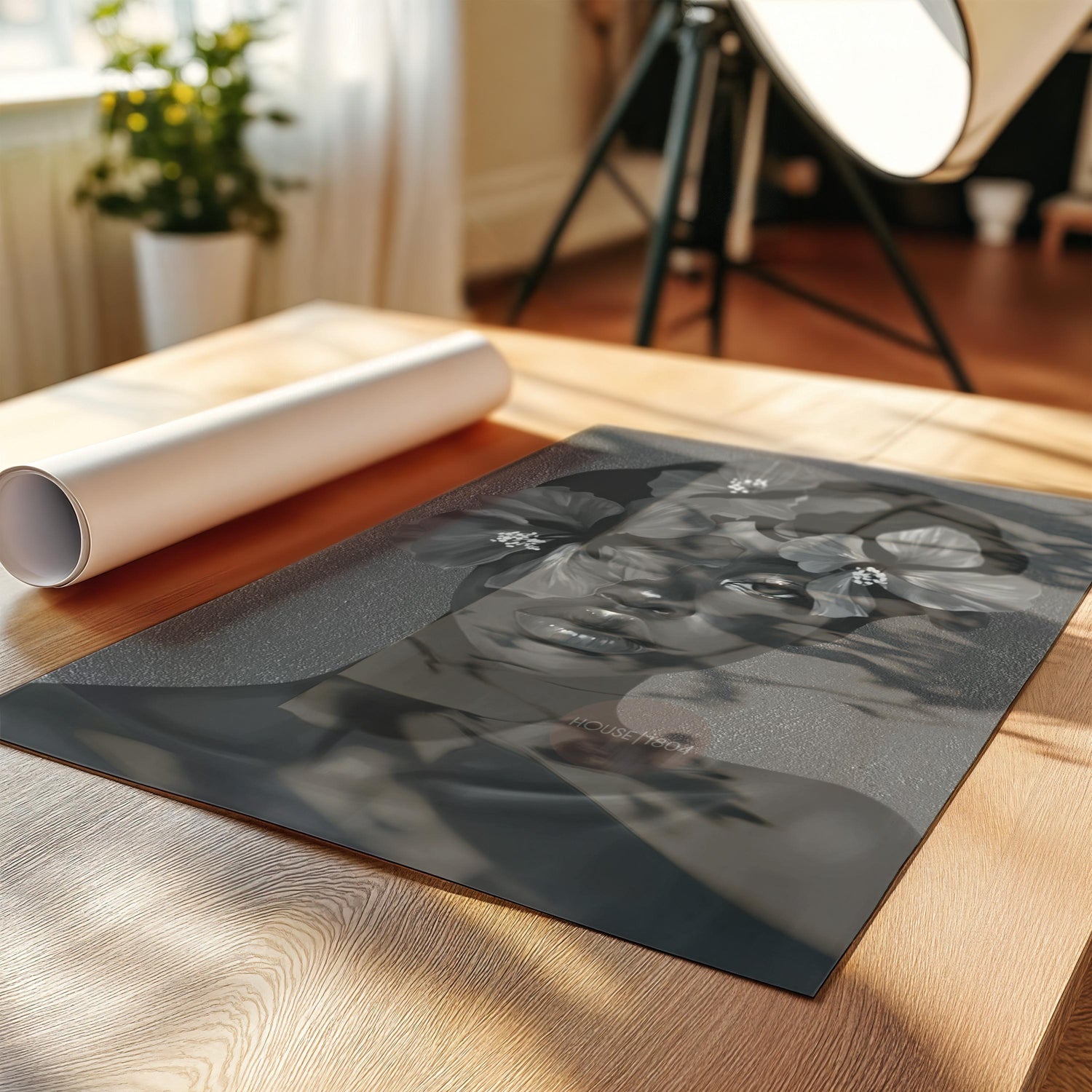 Black Woman Flower Art Print: Monochrome Portrait Wall Art