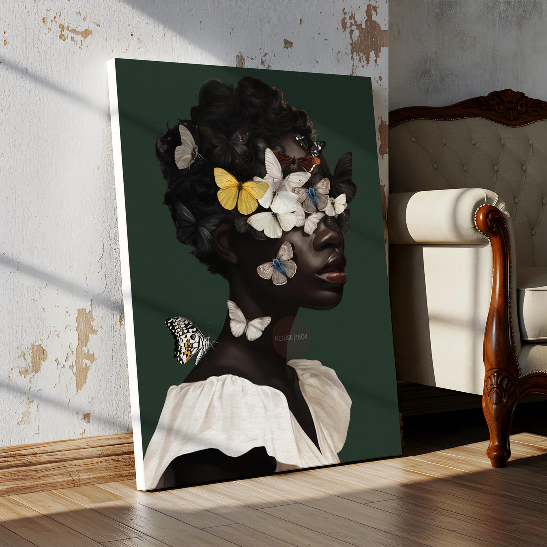 Black Woman Green Wall Art Prints: Bold Butterfly Portrait